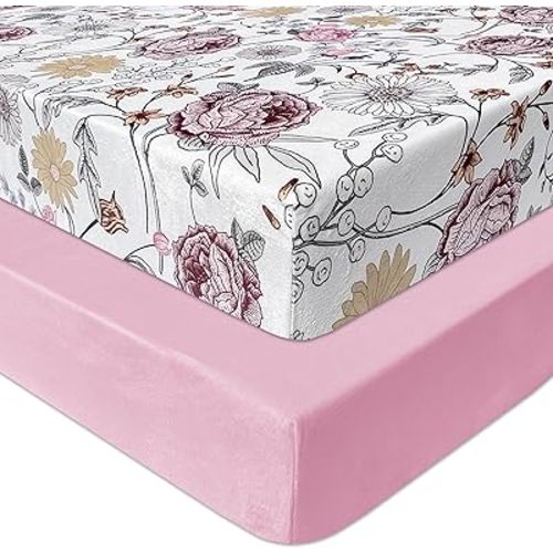 AMROSE 2 Pack Microfleece Crib Sheets, 28'' X 52'' Flannel Fleece Crib Fitted Sheets for Crib and Toddler Mattress Pad, Soft Comfy Warm Crib Sheets for Girls, Floral