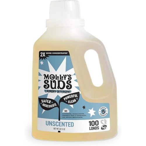 Molly's Suds Liquid Laundry Detergent | Clean Laundry Detergent Soap for Sensitive Skin | 2x Concentrated, High Efficiency (HE) | Unscented - 100 Loads