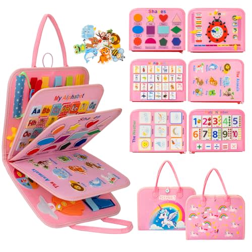 AIXMEET Toddler Montessori Toys, Sensory Busy Book, Busy Board for Toddlers 1234 Years Old, Preschool Learning Activities with Life, Shape, Color, Animal, Weather, 8 Pages (Pink)
