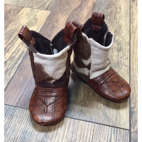 Brown & White Cow Print Baby Cowboy Boots | Cowgirl Boots | Faux Leather Boots | Newborn up to 24 Month Sizes