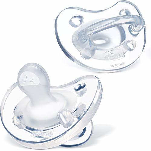 Chicco PhysioForma 100% Soft Silicone One Piece Pacifier for Babies 0-6 Months, Clear, Orthodontic Nipple, BPA-Free, 2-Count in Sterilizing Case