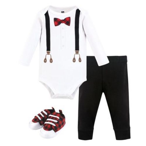 Hudson Baby Infant Boy Cotton Bodysuit, Pant and Shoe Set, Buffalo Plaid Bow Tie