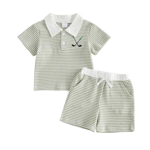 Toddler Baby Boy Golf Outfit Collared Shirt Shorts Set Summer Clothes | Waffle Knit, Short Sleeve,Lapel Collar, Striped, Embroidered, Golf, Baseball, Sailing Boat, Mamas Boy,Summer 2 Piece Set