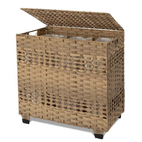 CHERISHGARD Laundry Hamper 135L Handwoven Rattan Laundry Basket with Lid & Heightened Feet 3 Removable Liner Bags 26x13x26 Inches