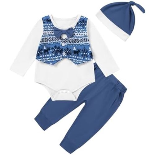 Newborn Baby Boy Clothes Christmas Outfit Long Sleeve Gentleman Suit Faux Vest Romper + Hat + Pants Clothes Set