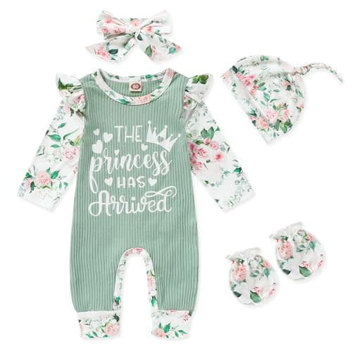GRNSHTS Newborn Baby Girl Romper Infant Letter Print Jumpsuit Floral Bodysuit+Hat+Headband+Gloves Coming Home Clothes Outfits
