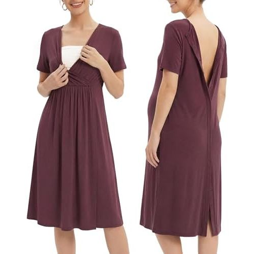 OUGES Stain Resistant Fabric Labor/Delivery/Hospital Gown Maternity Dress Wrap V Neck Snap Down Back Nursing Nightgown