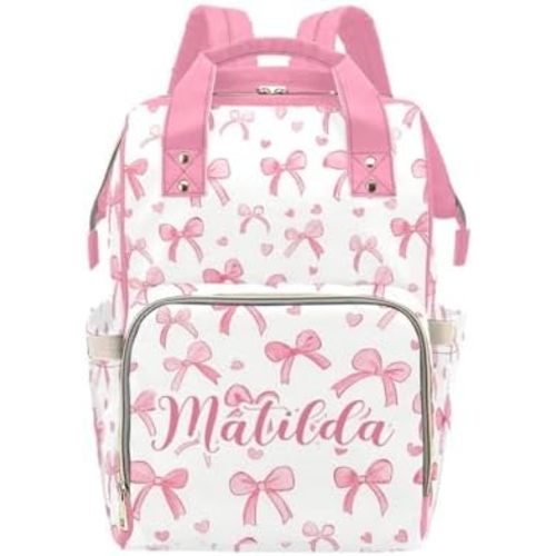 Custom Pink Bow Baby Diaper Baby Bag with Name – Personalized Nursing Travel Tote Backpack for Mom or Dad, Custom Name Baby Daypack Gift