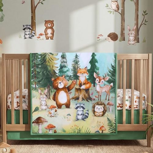3 Pcs Woodland Animal Crib Sheet Set Baby Crib Bedding Set Includes 52"x28" Fitted Sheet, Quilt, Bed Skirt for Newborn Boy Girl Cute Nursery Newborn Sheets Decor