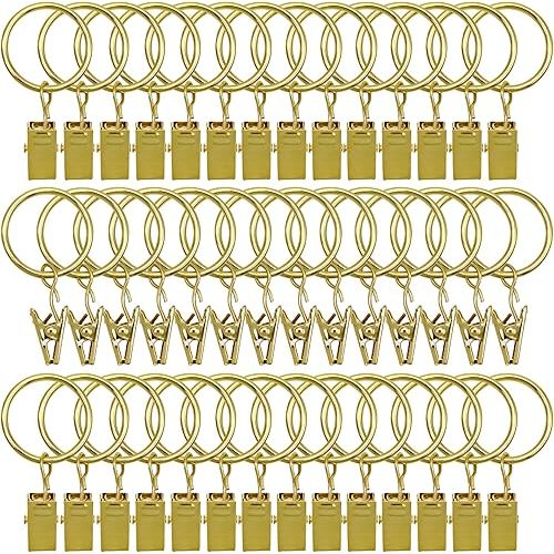 42 Pack Curtain Rings with Clips 1.26" Interior Diameter,Metal Drapery Ring with Clips Compatible with up to 1 inch Drapery Rod,Strong Vintage Decorative Rustproof Drapery Ring with Hooks(Golden)