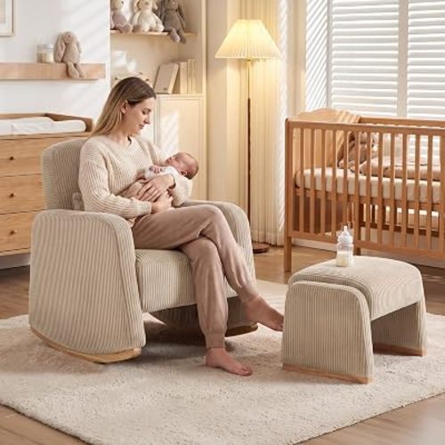 Rocking Chair with Ottoman, Corduroy Nursery Glider Rocker with High Backrest, Accent Reading Chair for Adult,Bedroom,Living Room,Offices,Khaki