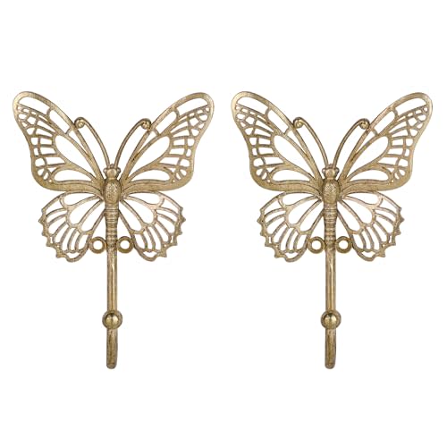 SOFFEE DESIGN 2PCS Gold Butterfly Wall Hooks, Openwork Metal Key Holders, Delicate Boudoir Decor with Wing Cutouts