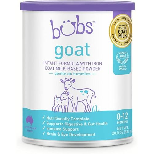 Bubs Whole Goat Milk Formula with Iron, Goat Milk-Based Powder, for Infants 0-12 Months, Made with Non-GMO Goat Milk, 20 oz