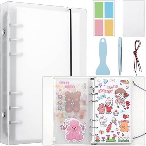 Reusable Sticker Book 100 Sheets, Sticker Collecting Book with Pockets, Sticker Collecting Album, Reusable Sticker Album, Blank Sticker Book with Tweezer and Spatula (A6)