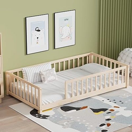 LLS Twin Floor Bed for Kids Solid Wood Montessori Bed Frame with Safety Guardrails Multifunctional Montessori Floor Bed for Toddlers, Without Door, Natural