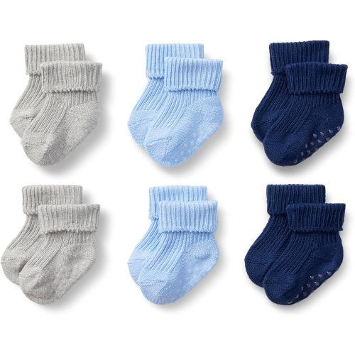 Amazon Essentials x Sofia Grainge Unisex Babies' Knitted Turn Cuff Socks with Non-Slip Grippers, 6 Pairs, Heather Grey/Light Blue/Navy, 0-6 Months