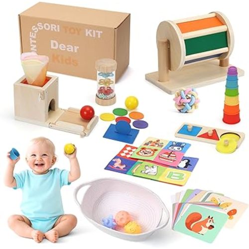 Child-Safe Montessori Educational Sensory Toy Set for Babies and Toddlers 6-12 Months - Must-Have for Early Development - 10 in 1 Wooden Learning Toy kit with Object Permanence Box, Stacking Cups etc
