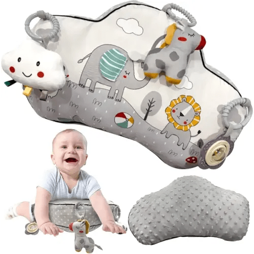 Tummy Time Pillow with 3 Detachable Sensory Toys - Infant Newborn Head Neck Support Mat Soft Breathable Machine Washable 0-9 Months (Safari Animals)