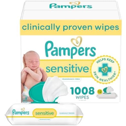 Pampers Sensitive Baby Wipes, Unscented, Fragrance Free, Clinically Proven, Water Based, Hypoallergenic, Multi-Use, Hand Wipes, 1008 Wipes Total (18X Flip-Top Packs)
