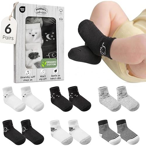 Mother's Choice Organic Cotton Baby Socks 0-6 Months - 06 pairs Unisex, Infant Black Socks, Soft Ankle Girls & Boys, Cozy Newborn Socks and Baby Gift Slipper Sock, Ideal In Daily Handling