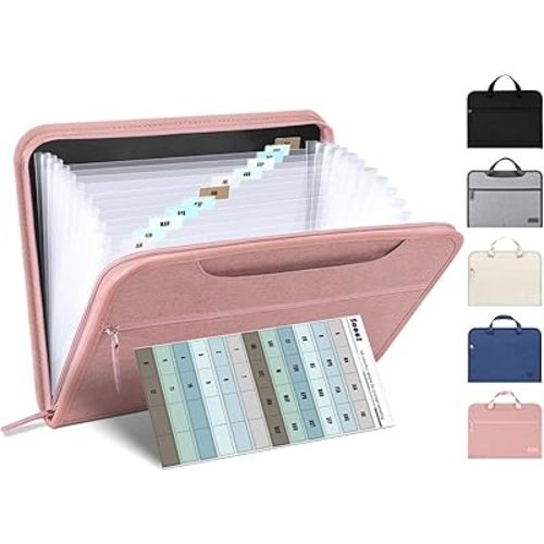 Sooez Heavy Duty Accordion File Organizer with Hidden Handle, Portable 12 Pockets Expanding File Folders, Cloth Monthly Bills Receipt Organizer for Letter/A4, School Classroom Home & Office Supplies