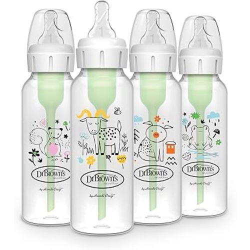 Dr. Brown's Natural Flow Anti-Colic Options+ Narrow Baby Bottle, 8 oz/250 mL, with Level 1 Slow Flow Nipple, BPA Free, 0m+, Squirrel, Goat, Pig, Frog, 4-Pack