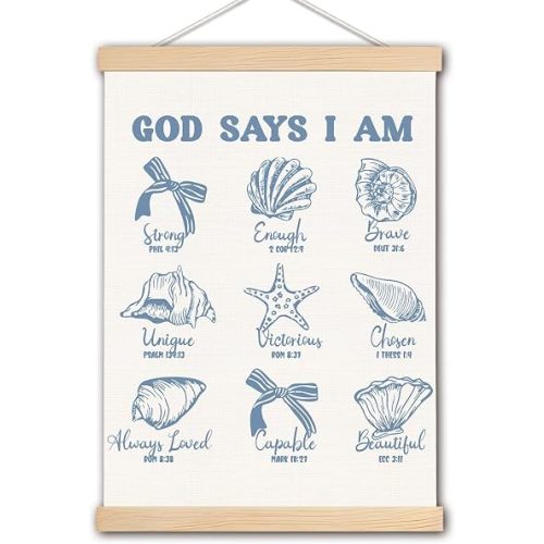 DNEULYR Retro Blue Bow Seashell Christian Wall Art Poster, Bible Verse Wall Decor, God Says I am Coastal Beach Religious Scripture Poster Hanger Frame for Girls Room Dorm Home Office, 12x16 Inches