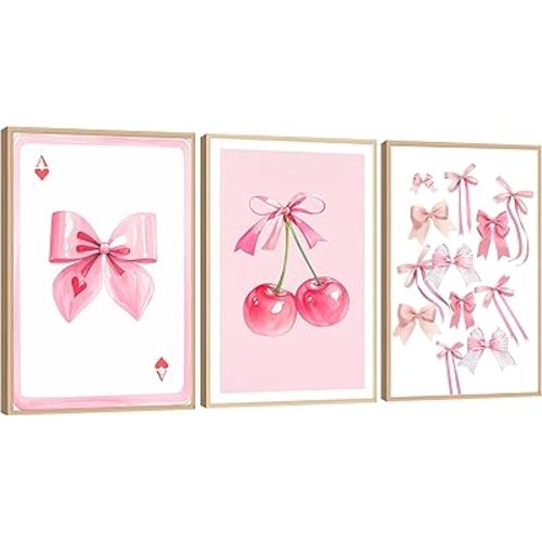 3 Pcs Coquette Pink Bow Canvas Wall Art,Pink Cherry Wall Decor Poster for Girls Room,Preppy Bow Pictures for Wall Decor Bedroom Living Room Bathroom Home Decorations 12*18 in(Poster No Frame)