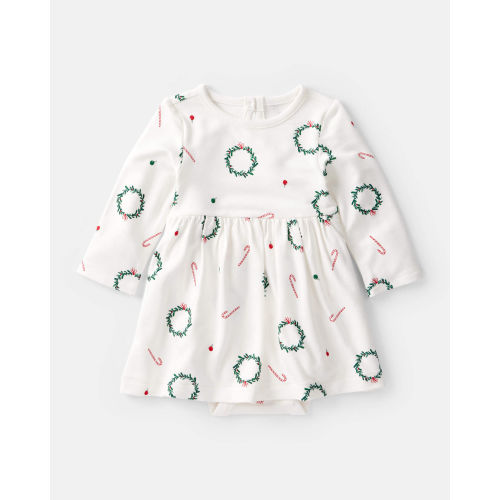Baby Girl Wreath Print PurelySoft Long-Sleeve Bodysuit Dress - White - Carter's | Carter's