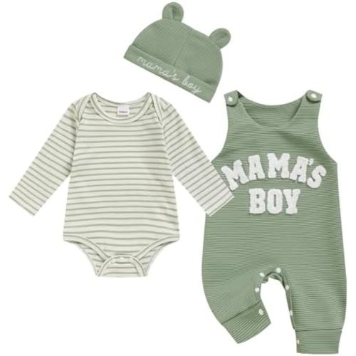 Viworld Newborn Baby Boy Clothes Mama's Boy Overalls Striped Long Sleeve Romper Hat 3Pcs Fall Winter Outfits