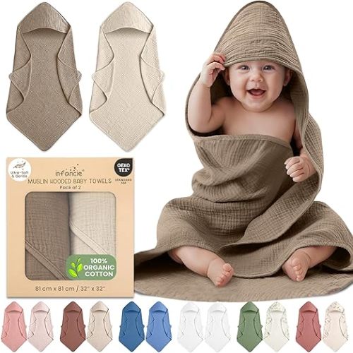 100% Organic Cotton 2 PK Muslin Baby Hooded Towel Toddler 81x81 cm | Oeko-TEX Certified, Bath & Hooded Towels, Baby Towel, Pink Bath Towels, Olive/Ivory Unisex Design, Lightweight yet highly