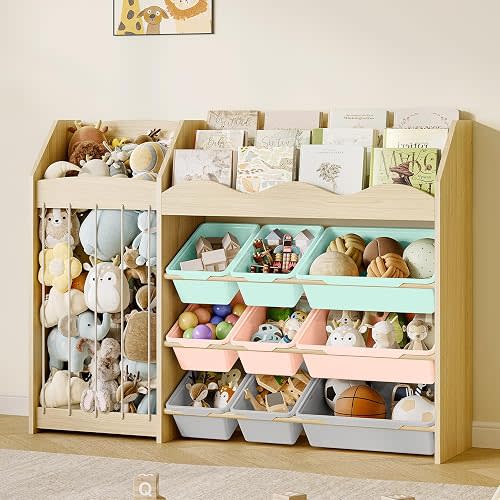 EXPERLAM Kids Toy Organizer, Scalloped Shelf, Plush Holder, 9 Colorful Bins