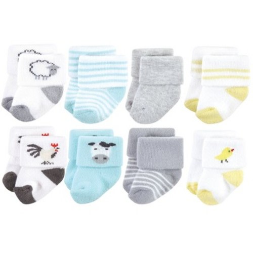 Hudson Baby Basics Infant Baby Cozy Terry Socks 8-Pack, Barnyard Fun, 0-6 Months