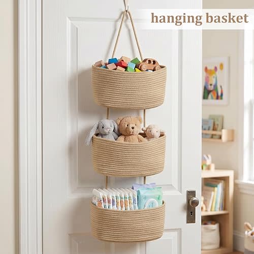 TeoKJ Over the Door Hanging Basket, 3-Tier Woven Cotton Wall-Mounted Storage Organizer Bag Decorative Hanging Nursery Baskets - Jute