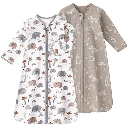 Baby Sleep Sack 0-6 Months, Long Sleeve Baby Wearable Blanket 0.5 Tog with Mittens, 2-Way Zipper Newborn Cotton Sleeping Sack for Boy and Girl Grey Elephant 2 Pack (Small)