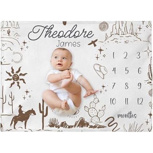 Personalized Cowboy Milestone Blanket, Custom Western Baby Boy Month Blanket, Nursery Custom Newborn Growth Tracker, New Mom