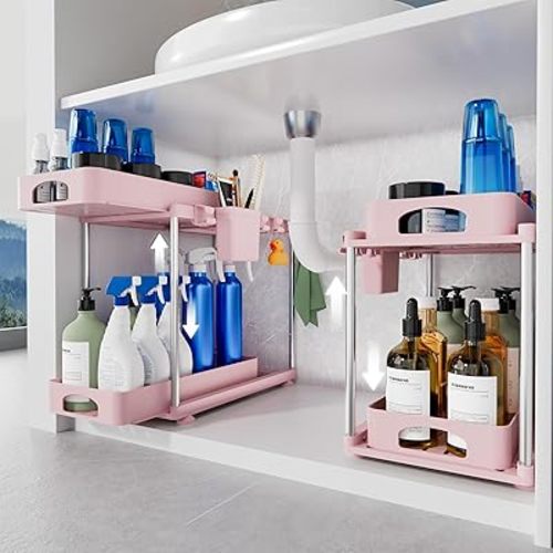 Under Sink Organizer, 2 Pack Kitchen and Bathroom Cabinet Organizer, 2 Tier Adjustable Height Storage, Pink