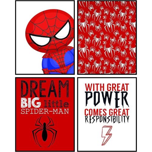 Silly Goose Gifts Dream Big Little Spiderman - Room Superhero Spider Wall Art Decor Prints Poster Sign Pictures (Set of 4) 8x10 Nursery Bedroom Playroom Decorations