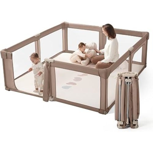 Baby Playpen Portable, Pre-Assembled Play Pen 71x79 Large Foldable Playpen for Babies and Toddlers, Sturdy and Safe Toddler Play Yard Indoor Outdoor with Carry Bag, Dark Khaki