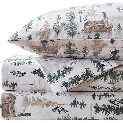 Flannel Sheets Warm and Cozy Deep Pocket Breathable All Season Bedding Set with Fitted, Flat and Pillowcases, Queen, Winter Cabin Lodge