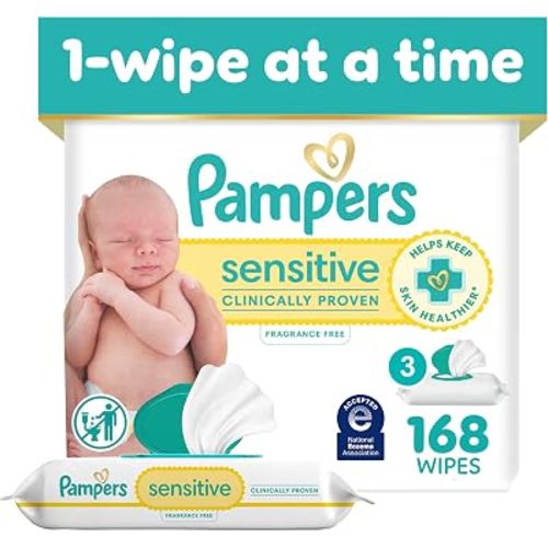 Pampers Sensitive Baby Wipes, Unscented, Fragrance Free, Clinically Proven, Water Based, Hypoallergenic, Multi-Use, Hand Wipes, 168 Wipes Total (3X Flip-Top Packs)