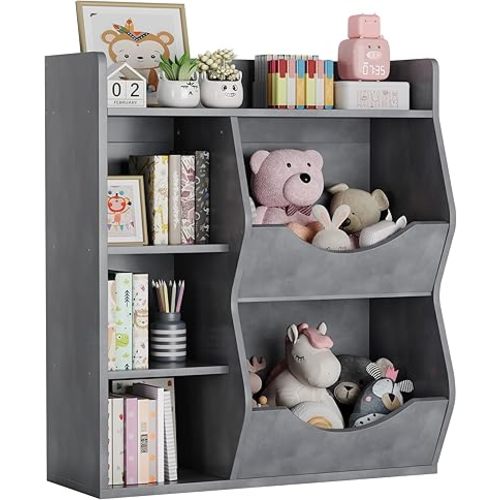 Kids 3-Tier Toy Storage Organizer Kids Bookshelf Double Side Gray- 5 Compartment Bookshelf & Toy Shelf for Bedroom, Living Room, and Kindergarten