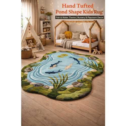 Hand Tufted Pond Shape Kids Rug, Fish & Water Theme Nursery Carpet, Soft Playroom Area Rug, Nature Inspired Kids Decor