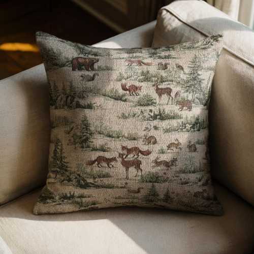 Woodland Woven Pillow Rustic Forest Cabin Decor Cozy Nature Inspired Cushion Cottagecore Lodge Tapestry Throw Pillow Rustic Woodland Animals