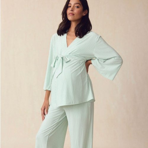 LAKE | Women | DreamModal Pajamas | Parisian Green Pencil Stripe Maternity Kimono Bundle