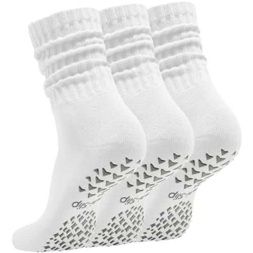 Women’s Pilates Socks with Grips – 3 Pairs Scrunch Crew Non-Slip Yoga Barre Workout Hospital Slipper Slouch Socks