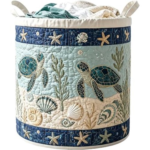 Ocean Quilted Fabric Storage Basket with Handles Decorative Laundry Hamper