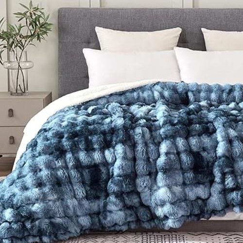 60x80 Inches Ultra-Soft Fuzzy Faux Fur Plush Twin Size Blanket - Thick, Warm Sherpa for Couch, Sofa, Bedroom, Camping - Decorative Blanket for Cozy Warmth, Bubble Dark Blue Tie Dye