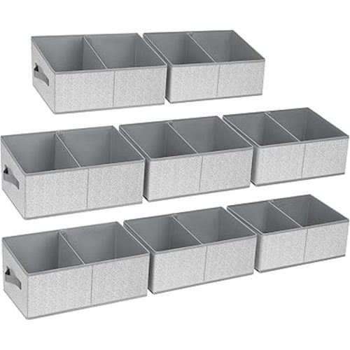DIMJ Storage Baskets for Shelves 8 Packs - Large Trapezoid Closet Organizer Bins with Handles and Divider, Foldable Clothes Containers Box for Shelf, Towel, Book, Toy, Purse, Grey