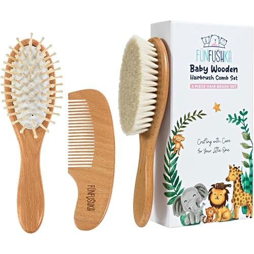 Baby Hair Brush Set for Newborns & Toddlers - Baby Brush and Comb Set - Ultra Soft Goat Hair Bristles, Perfect for Cradle Cap, Newborn Showers & Registries Gift, Comb Brush for Girls & Boys (Walnut)